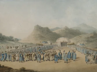 De nadering van de Keizer van China naar zijn tent in Tartary om de Britse Ambassadeur te ontvangen